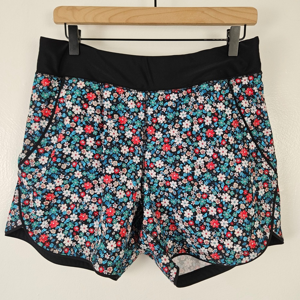 Lands' End Sun Shade 5" Board Shorts Sz 10 Black Floral Built in Panty
